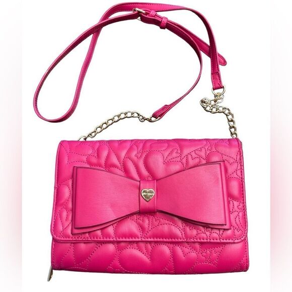 Betsey Johnson® Xodanie Fuchsia Quilted Hearts Bow Crossbody Bag - Picture 1 of 13